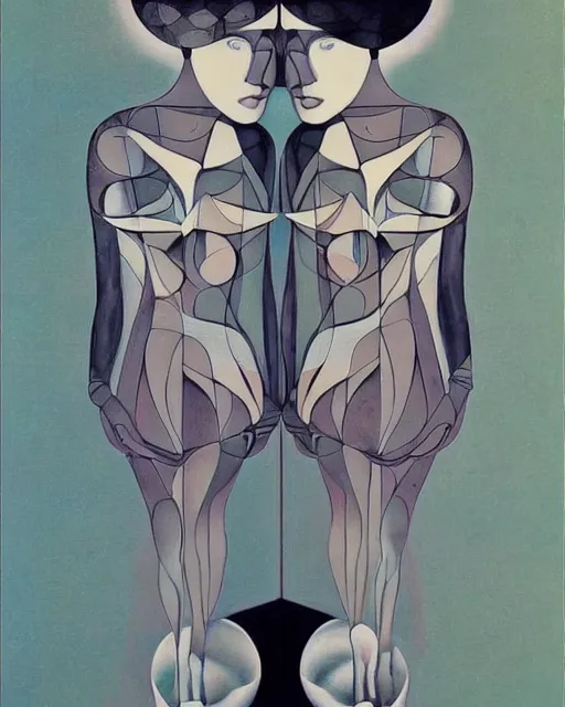 Prompt: pair of asymmetrical faces by eugene jansson and ilya kuvshinov and mc escher and mainie jellett, surreal, abstract!!!, asymmetry, perspective