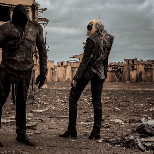 Prompt: a very huge, very big masked mutant man standing next to a small blonde woman, they are staring at the horizon where there are the ruins of a city, postapocalyptic, mad max style, award winning photograph, photo