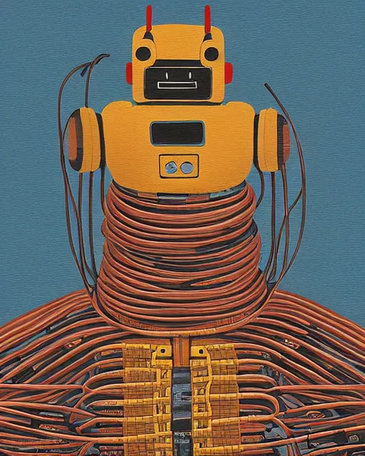 Prompt: Kuniyoshi portrait of a robot saint made of cables and robotic pod by james gilleard