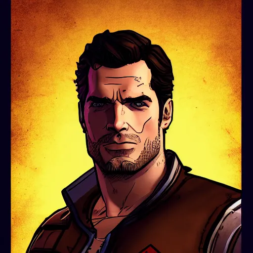 Prompt: henry cavill portrait, borderlands, tales from the borderlands, the wolf among us, comic, cinematic lighting, studio quality, 8 k