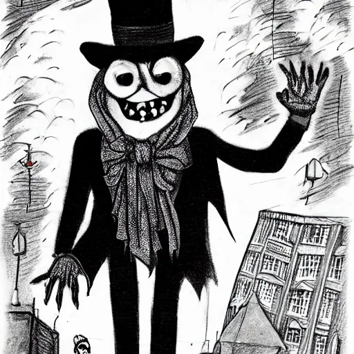 Prompt: a Pop Wonder scary horror themed goofy-hilarious-character babadook-wearing a scarf, 3-piece-suit, dime-store-comic drawn with charcoal and pen and ink, half-tone-line-stacking