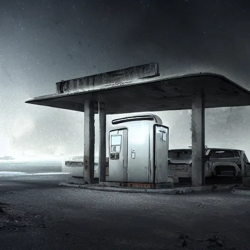 Prompt: Abandoned sci-fi gas station, dark and dim, atmospheric, trending on artstation, 8k matte painting