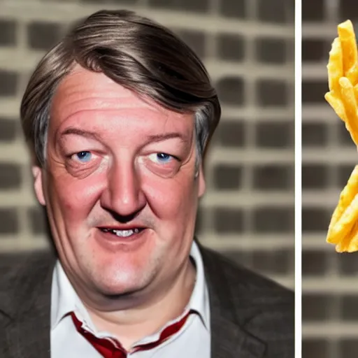 Image similar to photo of [ a single french fry chip ] shaped into stephen fry as a pixar character hybrid intercross mix cinematic lighting