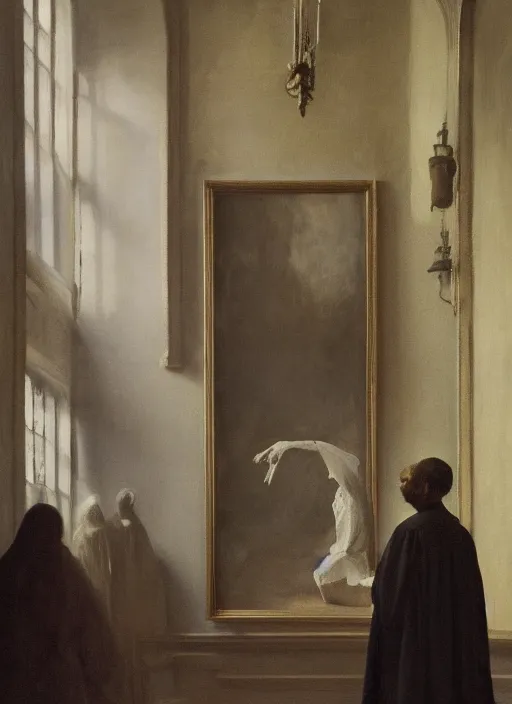 Image similar to medium shot, painting of white blurry ghostly human figures, dark academia aesthetic, Hogwarts, magic vibes, soft lighting, by John Ward, by Arthur Walker, by Vermeer, by Monet, oil on canvas, Royal Academy, masterpiece, trending on artstation, cinematic composition, dramatic pose, beautiful lighting, sharp, details, hyper-detailed, HD