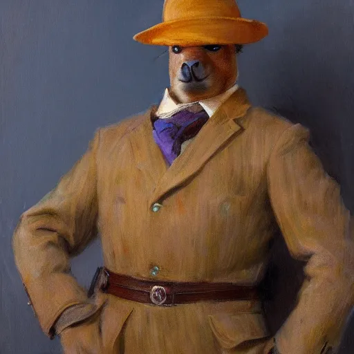 Prompt: portrait of a proud capybara dressed as a gentleman, artwork by gaston bussiere, craig mullins, trending on artstation, capybara wearing a gentleman's uniform