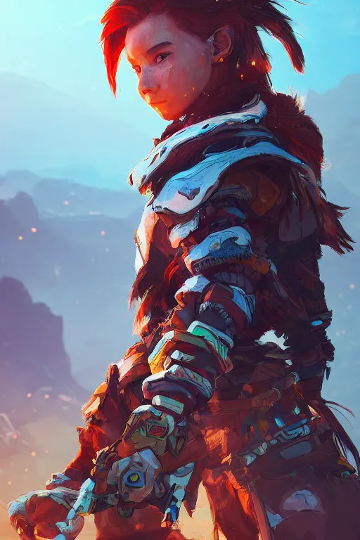 Image similar to combination suit armor aloy horizon forbidden west horizon zero dawn radiating a glowing aura global illumination ray tracing hdr fanart arstation by ian pesty and alena aenami artworks in 4 k tribal robot ninja mask helmet backpack