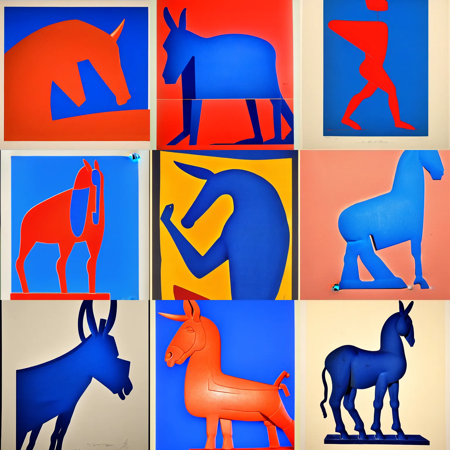 Prompt: duotone lithograph print of cycladic sculpture of a donkey, bold, solid colors, side view, full body, silhouette, iconic, ultramarine blue and red iron oxide