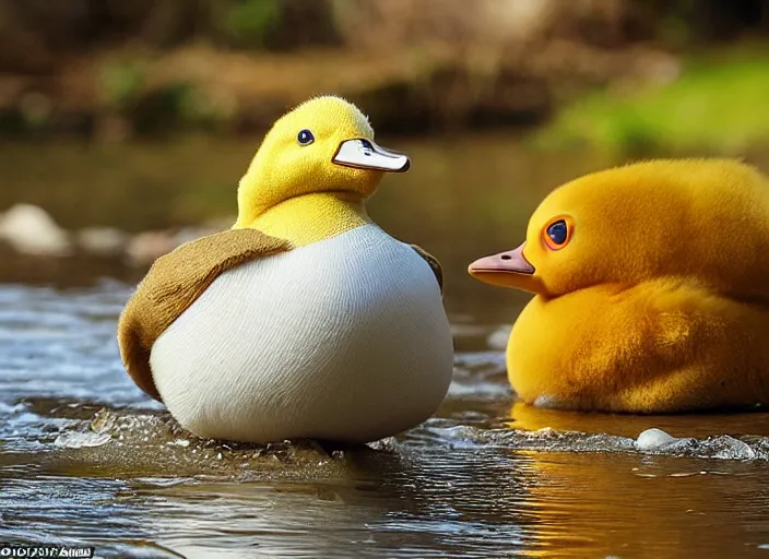 Image similar to real life pokemon psyduck, adorable, wet, ultra realistic, sharp beak, near a river, golden hour, sharp focus