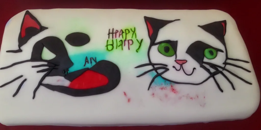 Image similar to There is a cat pattern on the birthday cake, whose left eye is blue, the right eye is red, and the ear is green. And which says 'Aza, 818 happy birthday!'