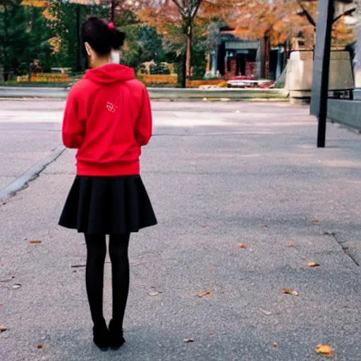 Prompt: of photorealistic chinese canadian girl wearing a red sweatshirt and short black skirt