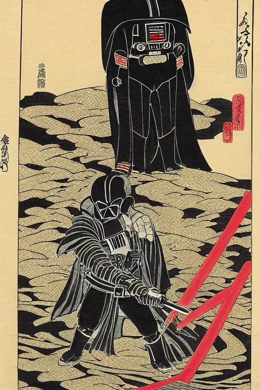 Prompt: Japanese woodblock print of Darth Vader holding a samurai sword, Hokusai