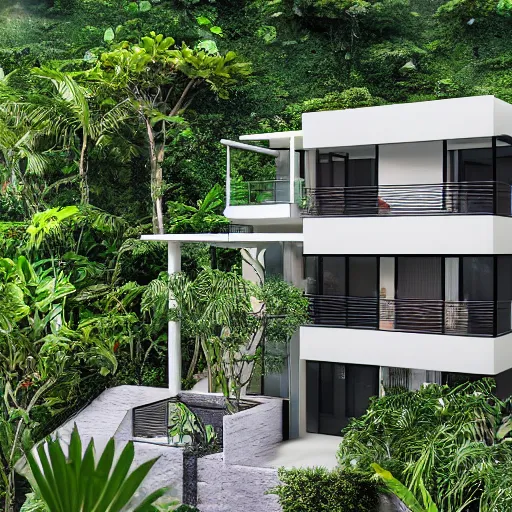 Prompt: 2000sf two level house,wrap around balconies, rock front yard, in a tropical rainforest,photorealistic,8k, XF IQ4, 150MP, 50mm, F1.4, ISO 200, 1/160s, natural light