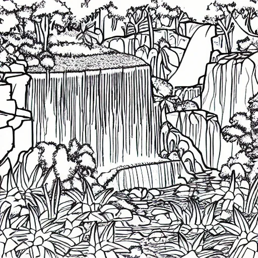 Prompt: an adult coloring page of a waterfall in the enchanted forest