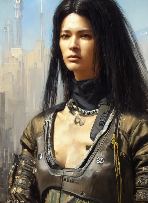 Image similar to Maria. beautiful cyberpunk Samurai woman wearing a military vest and military jumpsuit (cyberpunk 2077). gorgeous african face. Iranian orientalist portrait by john william waterhouse and Edwin Longsden Long and Theodore Ralli and Nasreddine Dinet, oil on canvas. Cinematic, hyper realism, realistic proportions, dramatic lighting, high detail 4k