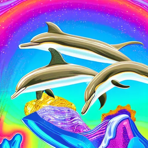 Prompt: dolphins jumping over a pile of crystal rocks in a lisa frank style, digital art