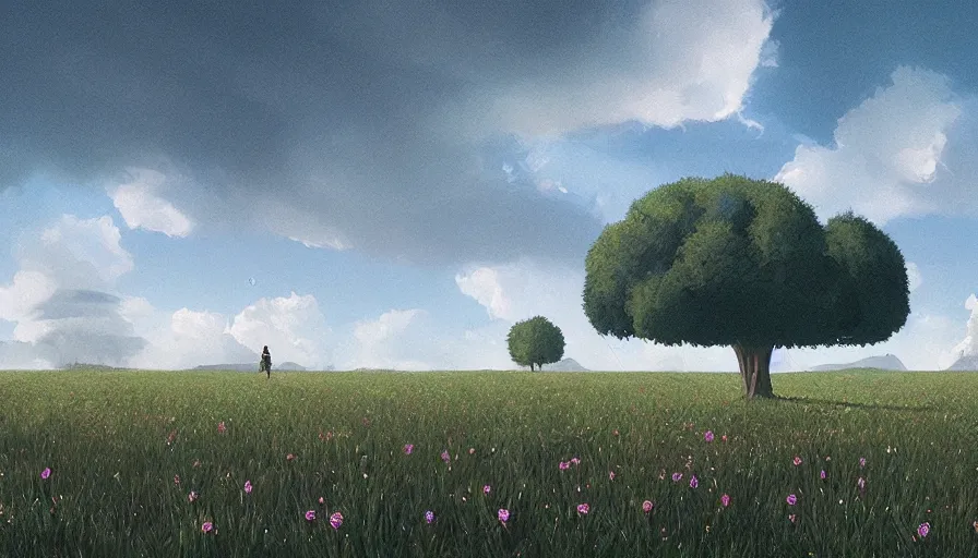Prompt: black hexagons in the sky, field with grass and flowers, big tree, person, matte painting, art station, blue sky, simon stalenhag