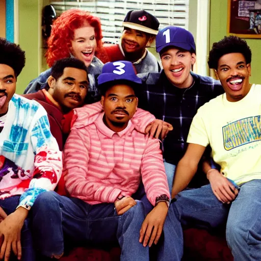 Image similar to a tv still of Chance The Rapper starring as a college student in a 1998 sitcom, 40mm lens