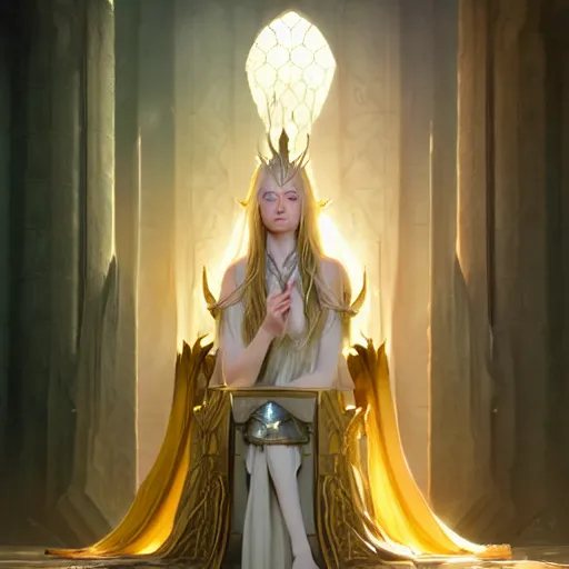 Image similar to tall elven queen sitting on the throne, full body, long white hair, pale skin, golden coloured eyes, stunning 3 d render inspired art by greg rutkowski and xiang duan and thomas eakes, realistic, highly detailed attributes and atmosphere, dim volumetric cinematic lighting, 8 k octane detailed render, post - processing, masterpiece,