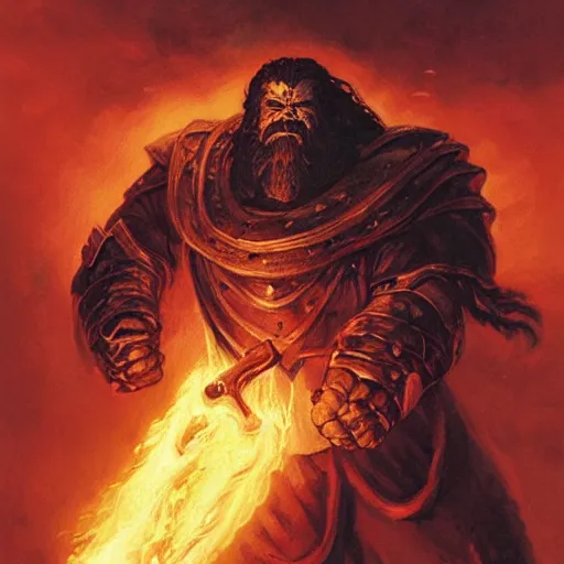 Image similar to head and shoulders portrait of a black helmed fire giant with a beard of fire and a giant sword, d & d, fantasy, greg rutkowski, frank frazetta, alexandre chaudret, boris vallejo, michael whelan, miro petrov, hr giger, magali villeneuve, donato giancola