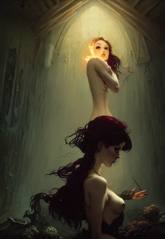 Image similar to Ethereal necromancer at a spooky old attic, fantasy magic, dark pin-up style hair, dark light night, intricate, elegant, sharp focus, illustration, highly detailed, digital painting, concept art, matte, art by WLOP and Artgerm and Greg Rutkowski and Alphonse Mucha, masterpiece