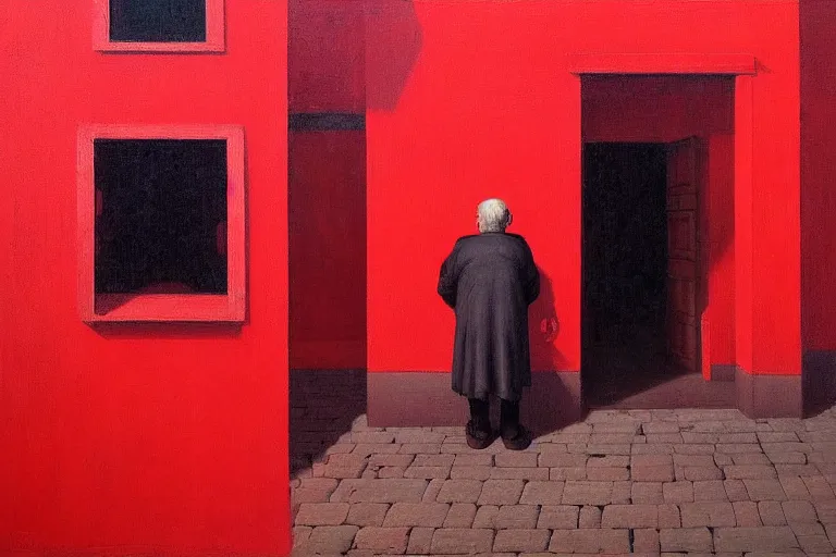 Image similar to only with red, a red old man try to sell a portrait, cheering crowd, in a old city square, in the style of beksinski, parts by edward hopper, parts by rodcenko, parts by yue minjun, intricate and epic composition, red by caravaggio, insanely quality, highly detailed, masterpiece, red light, artstation, 4 k