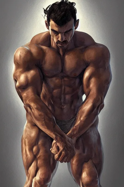 Image similar to gigachad luigi bodybuilder crouching by ilya kuvshinov, ernest khalimov body, super mario bros symmetrical face concept art, hyper realistic, intricate, elegent, highly detailed, digital painting, concept art, smooth, sharp, focus, illustration, art by artgerm and greg rutkowski and alphonse mucha, artstation