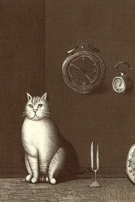 Prompt: cat standing next to alarm clock, holding a fork and knife in his paws, image from old textbook by John Kenn Mortensen