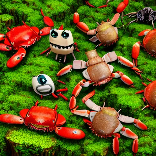 Image similar to large group of crabs and worms, crawling along a bed of moss, low poly, creeper world, handcrafted, artstation, hyperrealistic, hard light, best practices, creeptastic, photorealism, macro perspective, cuddly, Voidless of the Festival!