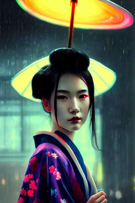 Image similar to photography face close - up portait of a beautiful young cyberpunk geisha half body in a kimono and with an white umbrella in city with neon lights, ambient lights, rainy day, digital painting, art station, by greg rutkowski