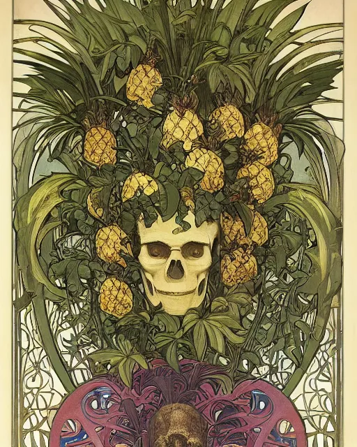 Image similar to Poster of an ancient silve skull with pineapple leaves growing out of the top art surrounded by varities of vines and flowers, cell shading, by Alphonse Mucha, Moebius, hiroshi yoshida, Art Nouveau, colorful, ultradetailed, vivid colour, 3d