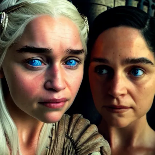 Prompt: a selfie of daenerys targaryen and daenerys targaryen, medium shot, detailed eyes,