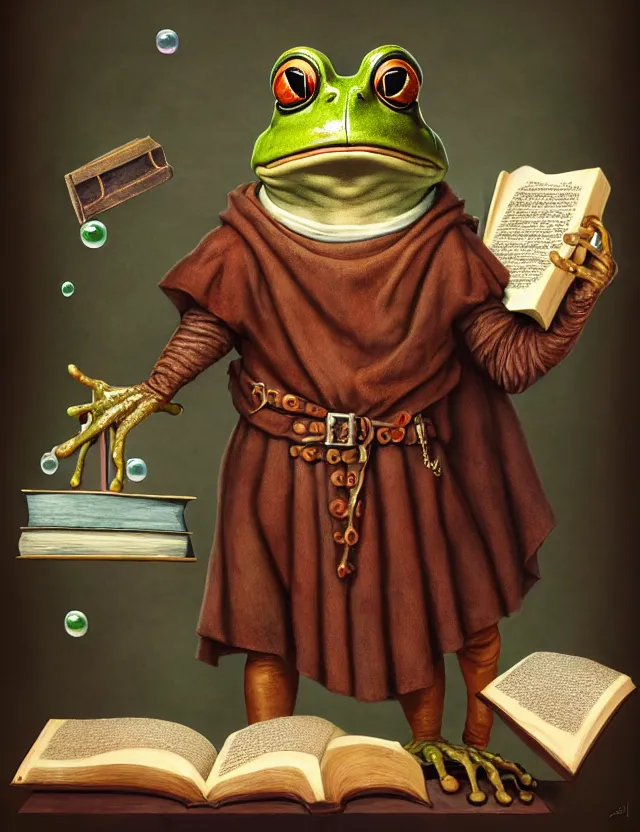 Prompt: anthropomorphic bipedal frog that is dressed as a medieval librarian, and holding a giant book, as a matte oil painting and d & d character art, by giuseppe arcimboldo, standing, fullbody, floating bubbles, loose pages, concept art, award - winning, extremely detailed, sharp focus