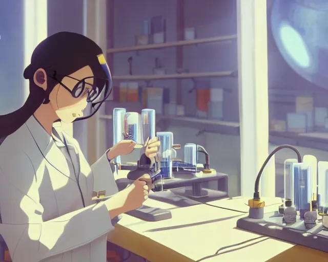 Prompt: a girl using chemistry equipment in a sunlit laboratory, scene by Makoto Shinkai