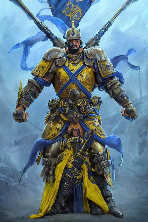 Image similar to a distant shot from below of a Ukrainian super soldier with blue and yellow flag behind him and a trident coat of arms on the chest standing alone on a huge pile of skulls posing as a winner, masculine muscular figure, D&D, fantasy, intricate, elegant, highly detailed, extremely detailed, digital painting, artstation, concept art, matte, smooth, hyper realistic, sharp focus, illustration, art by Artgerm and Greg Rutkowski and Alphonse Mucha