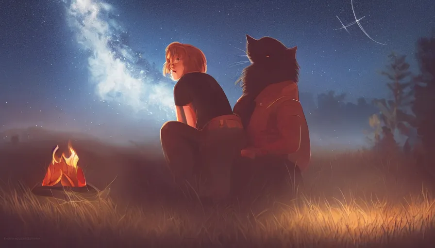 Prompt: a girl and a black cat looking at the stars, campfire, night, stardust, hyperdetailed, artstation, cgsociety, 8 k