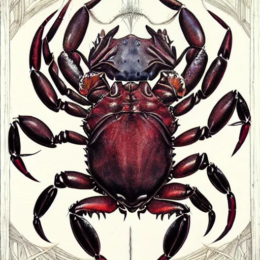 Prompt: detailed and sharp portrait of crab zodiac artwork, mystic style, detailed, 8 k, detailed, symmetrical, by brian froud