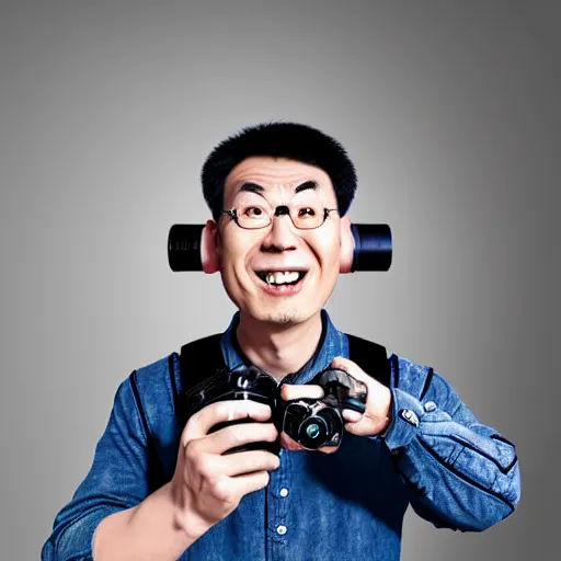 Prompt: Digital art of portrait of a Chinese man, holding a DSLR camera, excited facial expression, head-and-shoulders shot, white background, cute Pixar character, houdini 3D render