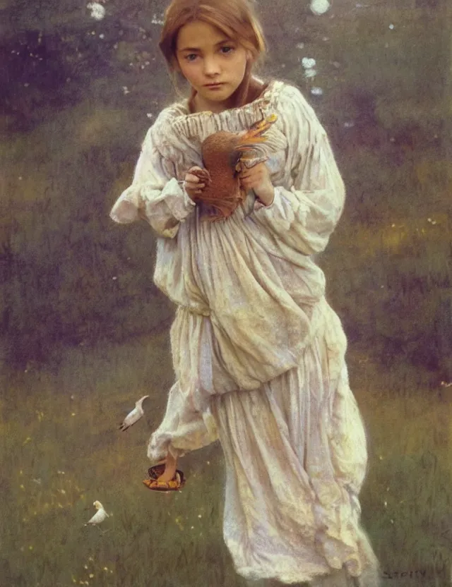 Image similar to portrait of little peasant girl setting free a bird, cottage core, cinematic focus, polaroid photo bleached vintage pastel colors high - key lighting, soft lights, foggy, by steve hanks, by lisa yuskavage, by serov valentin, by tarkovsky, 8 detailed, oil on canvas