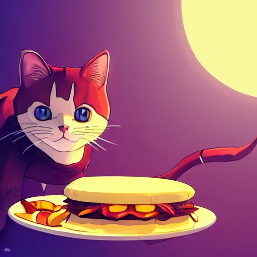 Prompt: a cat running away from a giant sandwich, artstation hq, dark phantasy, stylized, symmetry, modeled lighting, detailed, expressive, created by hayao miyazaki