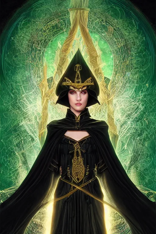 Prompt: a tarot card of an attractive young girl sorceress wearing a black robe with gold embroidery, casting a spell, green glows, painted by artgerm and tom bagshaw, in the style of magic the gathering, intricate, highly detailed digital art