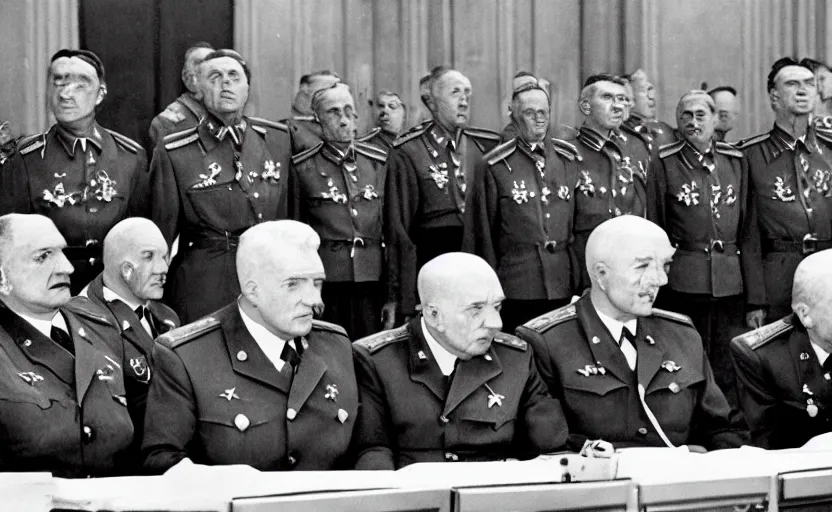 Image similar to 50s movie still of very diverse soviet generals head with very detailed faces in a stalinist parlement, by Alexei Guerman, Cinestill 800t 35mm black and white, heavy grainy picture, very detailed, high quality, 4k, HD criterion, precise texture, face diversity, haircut diversity, age diversity