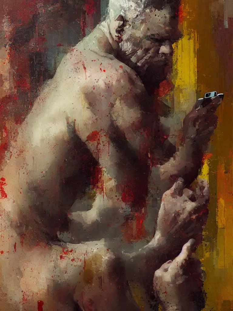 Image similar to a beautiful glitched oil painting by alpay efe and christian hook of a man looking at his phone in a bathroom, color bleeding, brushstrokes by jeremy mann, cold top lighting