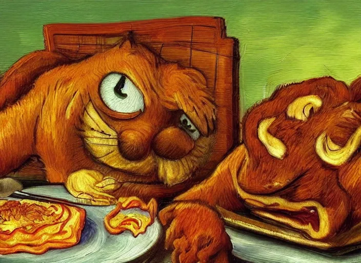 Image similar to detailed realistic painting of garfield eating lasagna at dusk, in the style of vincent van gogh and salvador dali and leonardo da vinci
