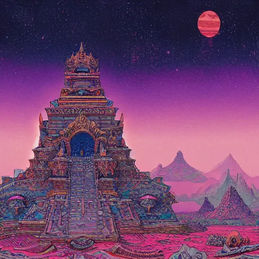 Image similar to highly detailed illustration of a temple on a strange planet, juxtapoz magazine, moebius, kilian eng, behance, deviant art, thomas rome