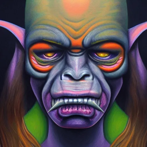 Image similar to a painting of a goblin orc in the style of alex grey, portrait, foggy, hazy, dull colors, detailed,