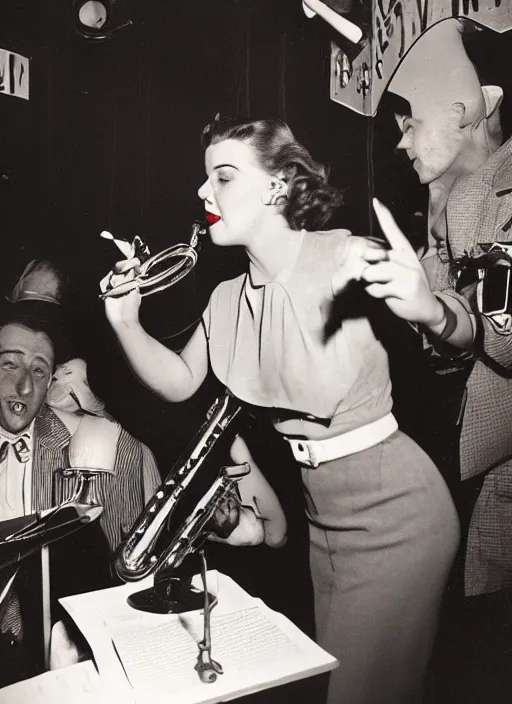 Image similar to a 1 9 4 0 s photograph of a singer in a jazz club, kodak kodachrome film photography, flash photography