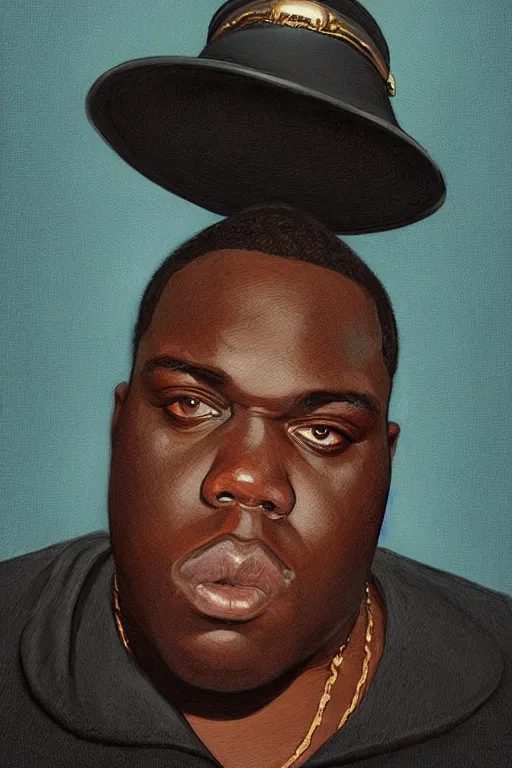 Prompt: portrait of notorious big with hat, staring directly into camera, intricate, elegant, glowing lights, highly detailed, digital painting, artstation, sharp focus, illustration, art by wlop, mars ravelo and greg rutkowski