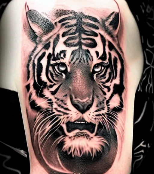 Image similar to tattoo design on white background of a beautiful girl warrior below a tiger head, hyper realistic, realism tattoo, by eliot kohek, beautiful eyes, realistic face, black and white