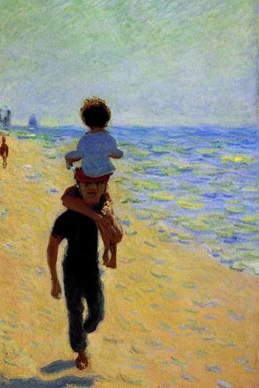 Image similar to a man walking with his child over his shoulders near the beach, anatomically correct, painting by monet, masterpiece