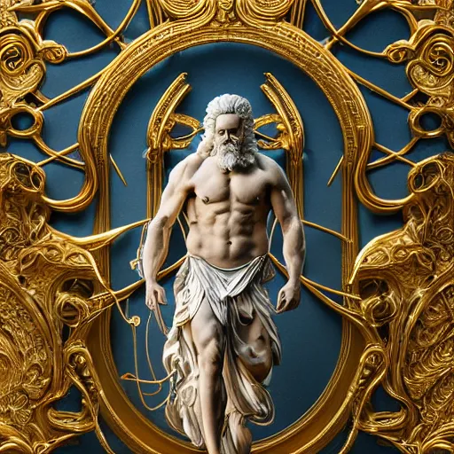 Image similar to Zeus, God, James Jean, Character Design, Gold Light, Blue Mist, 5D, 8K, Good, Refreshing, insanely detailed and intricate, hypermaximalist, elegant, ornate, hyper realistic, super detailed, Artstation, Octane render ——width 1080 —height 1920